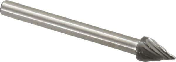 Made in USA - 3/16" Cut Diam, 1/8" Shank Diam, Cone Head Single Cut Burr - High Speed Steel, Point End, 1/4" LOC, 1-1/2" OAL - Apex Tool & Supply