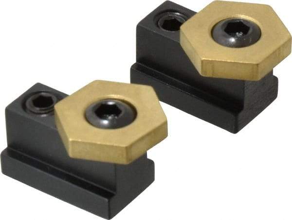 Mitee-Bite - 13/16" Brass Hex, 7/16" T-Slot, 5/16-18 Stud Thread, Symmetrical Hex Clamp - 3/16" Hex Height, 800 Lb Holding Force, 1/2" Long Thread, 8.3 Ft/Lb Torque, 2 Clamps - Apex Tool & Supply