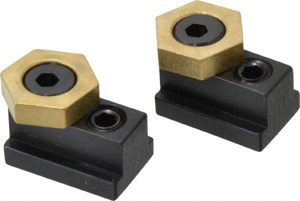 Mitee-Bite - 13/16" Brass Hex, 1/2" T-Slot, 3/8-16 Stud Thread, Symmetrical Hex Clamp - 1/4" Hex Height, 2,000 Lb Holding Force, 3/4" Long Thread, 20.8 Ft/Lb Torque, 2 Clamps - Apex Tool & Supply