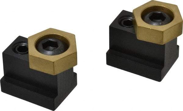 Mitee-Bite - 1" Brass Hex, 11/16" T-Slot, 1/2-13 Stud Thread, Symmetrical Hex Clamp - 3/8" Hex Height, 3,000 Lb Holding Force, 1" Long Thread, 45 Ft/Lb Torque, 2 Clamps - Apex Tool & Supply