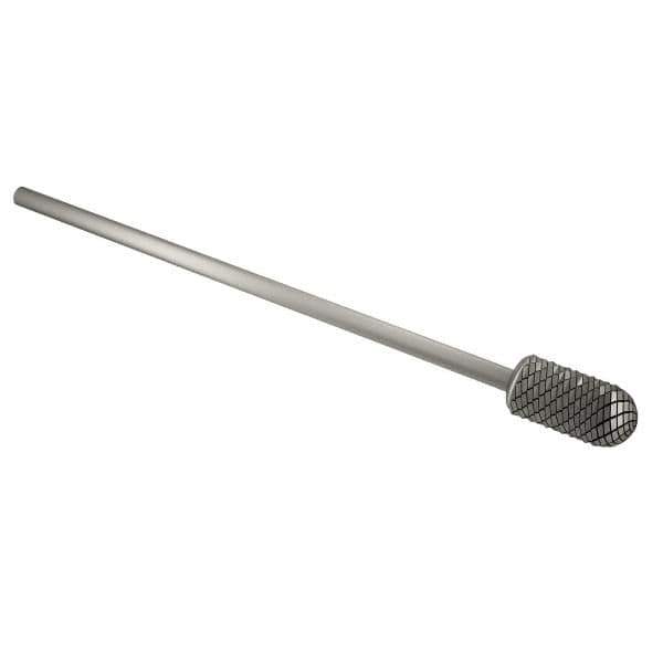 Atrax - 3/8" Cut Diam, 1/4" Shank Diam, Cylinder with Radius Head Double Cut Burr - Carbide, Radius End, 3/4" LOC, 6-3/4" OAL - Apex Tool & Supply