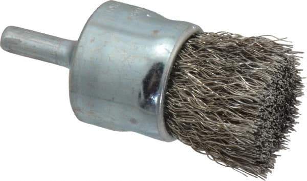 Weiler - 1" Brush Diam, Crimped, End Brush - 1/4" Diam Steel Shank, 22,000 Max RPM - Apex Tool & Supply