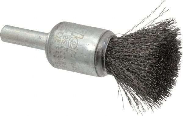 Weiler - 1/2" Brush Diam, Crimped, End Brush - 1/4" Diam Steel Shank, 25,000 Max RPM - Apex Tool & Supply