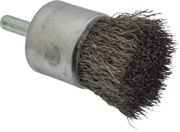 Weiler - 1" Brush Diam, Crimped, End Brush - 1/4" Diam Steel Shank, 22,000 Max RPM - Apex Tool & Supply