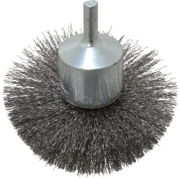 Weiler - 3" Brush Diam, Crimped, Flared End Brush - 1/4" Diam Shank, 16,000 Max RPM - Apex Tool & Supply