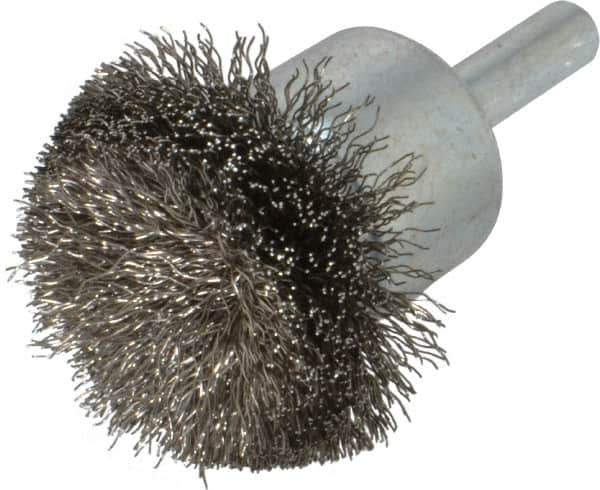 Weiler - 1-1/2" Brush Diam, Crimped, Flared End Brush - 1/4" Diam Shank, 20,000 Max RPM - Apex Tool & Supply