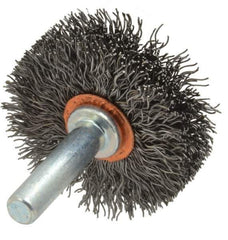 Weiler - 1-1/2" OD, 1/4" Shank Diam, Crimped Steel Wheel Brush - 1/2" Face Width, 1/2" Trim Length, 0.0118" Filament Diam, 20,000 RPM - Apex Tool & Supply