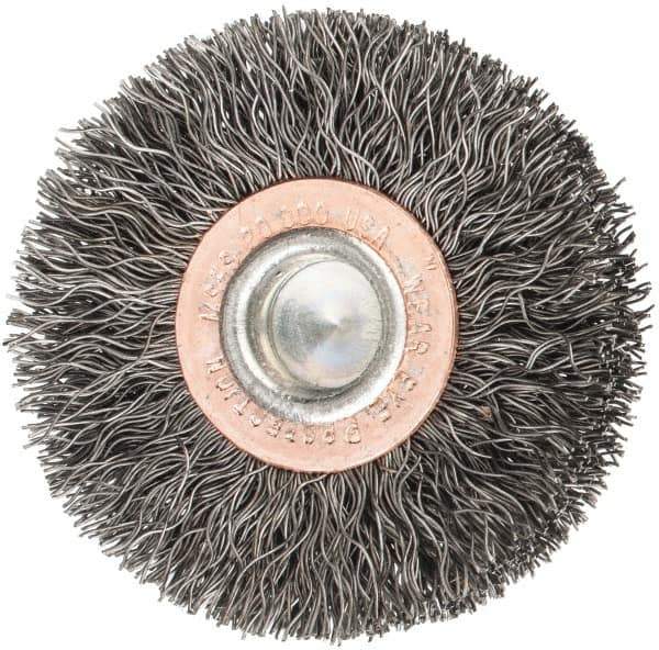 Weiler - 2" OD, 1/4" Shank Diam, Crimped Steel Wheel Brush - 3/8" Face Width, 1/2" Trim Length, 0.0118" Filament Diam, 20,000 RPM - Apex Tool & Supply