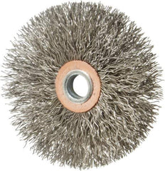 Weiler - 3" OD, 1/4" Shank Diam, Crimped Stainless Steel Wheel Brush - 1/2" Face Width, 1" Trim Length, 0.014" Filament Diam, 20,000 RPM - Apex Tool & Supply
