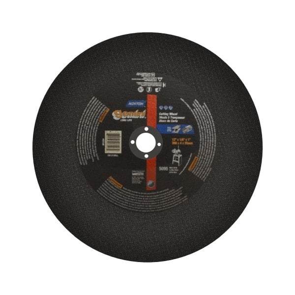 Norton - 12" Aluminum Oxide Cutoff Wheel - 1/8" Thick, 1" Arbor, 5,095 Max RPM, Use with Stationary Tools - Apex Tool & Supply
