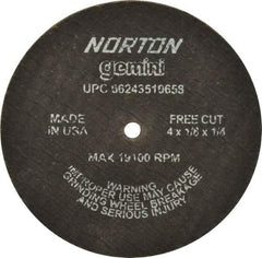 Norton - 4" Aluminum Oxide Cutoff Wheel - 1/8" Thick, 1/4" Arbor, 19,100 Max RPM, Use with Die Grinders - Apex Tool & Supply