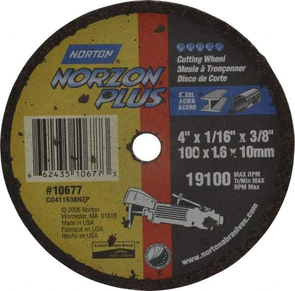 Norton - 4" Ceramic Cutoff Wheel - 1/16" Thick, 3/8" Arbor, 19,100 Max RPM, Use with Die Grinders - Apex Tool & Supply