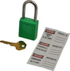 Master Lock - Keyed Alike Conductive Lockout Padlock - 1-1/2" Shackle Clearance, 1/4" Shackle Diam, 1-3/4" Body Height x 1-1/2" Body Width, Green, 6 Pins - Apex Tool & Supply