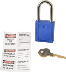 Master Lock - Keyed Alike Conductive Lockout Padlock - 1-1/2" Shackle Clearance, 1/4" Shackle Diam, 1-3/4" Body Height x 1-1/2" Body Width, Blue, 6 Pins - Apex Tool & Supply