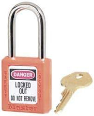 Master Lock - Keyed Alike Conductive Lockout Padlock - 1-1/2" Shackle Clearance, 1/4" Shackle Diam, 1-3/4" Body Height x 1-1/2" Body Width, Orange, 6 Pins - Apex Tool & Supply