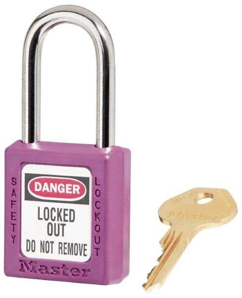 Master Lock - Keyed Alike Conductive Lockout Padlock - 1-1/2" Shackle Clearance, 1/4" Shackle Diam, 1-3/4" Body Height x 1-1/2" Body Width, Purple, 6 Pins - Apex Tool & Supply