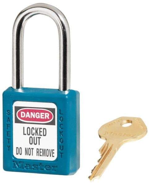 Master Lock - Keyed Alike Conductive Lockout Padlock - 1-1/2" Shackle Clearance, 1/4" Shackle Diam, 1-3/4" Body Height x 1-1/2" Body Width, Teal, 6 Pins - Apex Tool & Supply
