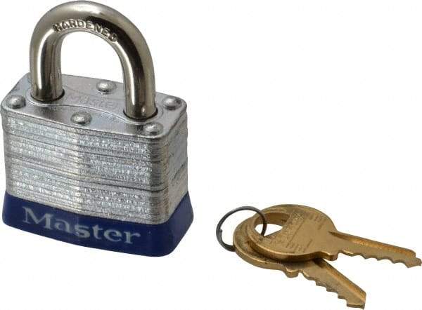 Master Lock - Keyed Different Retaining Key Conductive Lockout Padlock - 3/4" Shackle Clearance, 9/32" Shackle Diam, 1-1/4" Body Height x 1-9/16" Body Width, Blue, 4 Pins - Apex Tool & Supply