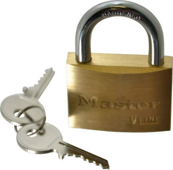 Master Lock - 15/16" Shackle Clearance, Keyed Different Padlock - 9/32" Shackle Diam, Brass - Apex Tool & Supply