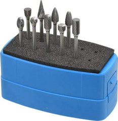 Made in USA - 9 Piece, 1/8" Shank Burr Set - Solid Carbide, Multiple Head Shapes - Apex Tool & Supply