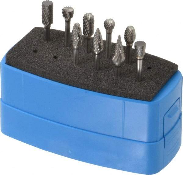Made in USA - 9 Piece, 1/8" Shank Burr Set - Solid Carbide, Multiple Head Shapes - Apex Tool & Supply