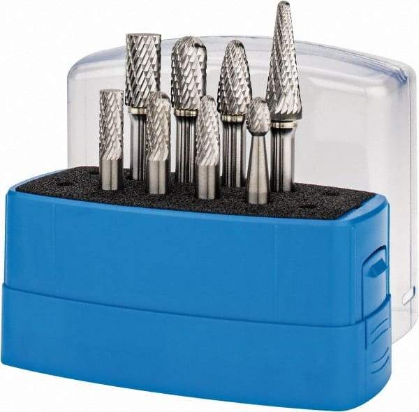 Made in USA - 8 Piece, 1/4" Shank Burr Set - Tungsten Carbide, Multiple Head Shape - Apex Tool & Supply