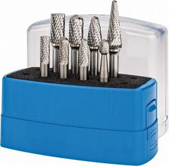 Made in USA - 8 Piece, 1/4" Shank Burr Set - Tungsten Carbide, Multiple Head Shape - Apex Tool & Supply