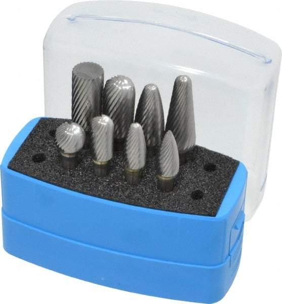 Made in USA - 8 Piece, 1/4" Shank Burr Set - Solid Carbide, Multiple Head Shapes, 14° Included Angle - Apex Tool & Supply