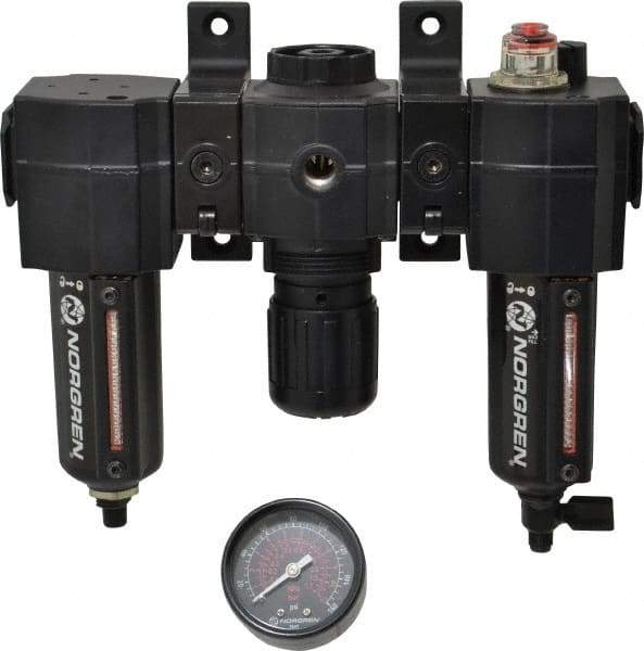 Norgren - 3/8" NPT Port Intermediate 3 Piece Filter-Regulator-Lubricator FRL Unit - Metal Bowl, 75 SCFM, 250 Max psi, 82" High x 9.13" Long, Automatic Drain - Apex Tool & Supply