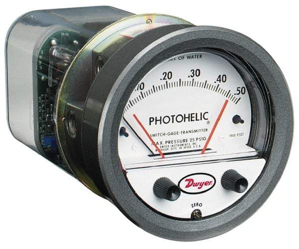 Dwyer - 25 Max psi, 2% Accuracy, NPT Thread Photohelic Pressure Switch - 1/8 Inch Thread, 5 Inch Water Column, 120°F Max - Apex Tool & Supply