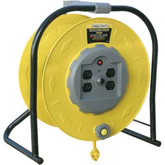 Reelcraft - 10 AWG, 100' Cable Length, Cord & Cable Reel with Quad Outlet End - 4 Outlets, 15 Amps, 125 Volts, STW Cable, Yellow Reel, Hand Crank Reel - Apex Tool & Supply