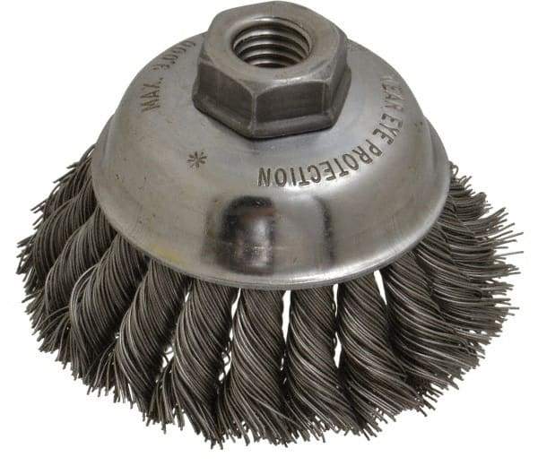 Anderson - 3-1/2" Diam, 5/8-11 Threaded Arbor, Steel Fill Cup Brush - 0.02 Wire Diam, 1-1/4" Trim Length, 9,000 Max RPM - Apex Tool & Supply