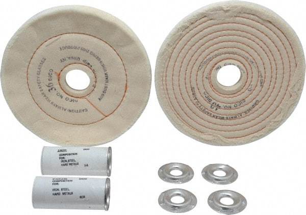 Dico - 6" Diam Cushion Sewn, Spiral Sewn Buffing Wheel Set - 1/2 - 1" Arbor Hole, Emery - Apex Tool & Supply