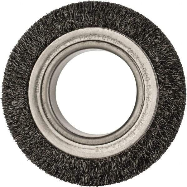 Anderson - 4-1/4" OD, 2" Arbor Hole, Crimped Steel Wheel Brush - 1-1/2" Face Width, 5/8" Trim Length, 0.0118" Filament Diam, 6,000 RPM - Apex Tool & Supply