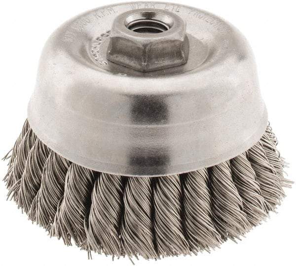 Anderson - 4" Diam, 5/8-11 Threaded Arbor, Stainless Steel Fill Cup Brush - 0.02 Wire Diam, 1-1/4" Trim Length, 9,000 Max RPM - Apex Tool & Supply