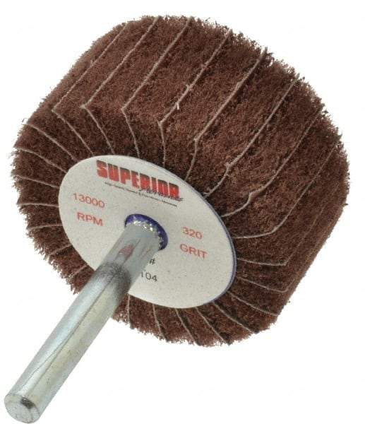 Superior Abrasives - 2" Diam x 1" Face Width, Extra Fine Aluminum Oxide Nonwoven & Coated Mounted Flap Wheel - 1/4" Shank Mount, 320 Grit, Interleaf, Cloth Backing, 12,000 Max RPM - Apex Tool & Supply