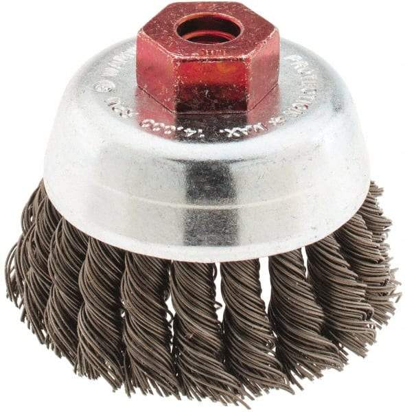 Anderson - 2-3/4" Diam, M10x1.50 Threaded Arbor, Steel Fill Cup Brush - 0.02 Wire Diam, 3/4" Trim Length, 14,000 Max RPM - Apex Tool & Supply