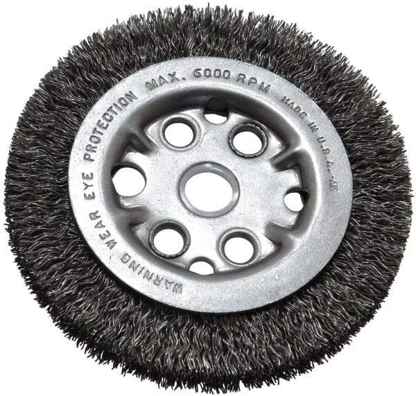 Anderson - 4-1/4" OD, 5/8" Arbor Hole, Crimped Steel Wheel Brush - 3/4" Face Width, 5/8" Trim Length, 0.014" Filament Diam, 6,000 RPM - Apex Tool & Supply