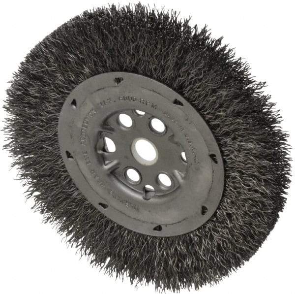 Anderson - 6" OD, 5/8" Arbor Hole, Crimped Steel Wheel Brush - 3/4" Face Width, 1-1/8" Trim Length, 0.014" Filament Diam, 6,000 RPM - Apex Tool & Supply