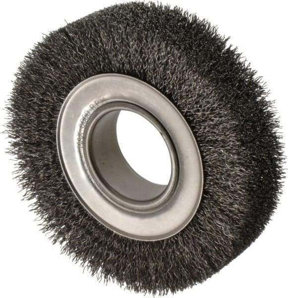 Anderson - 6" OD, 2" Arbor Hole, Crimped Steel Wheel Brush - 1-1/2" Face Width, 1-1/8" Trim Length, 0.014" Filament Diam, 6,000 RPM - Apex Tool & Supply