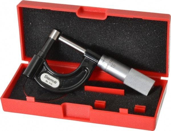 Starrett - 1 Inch Measurement Range, 0.001 Inch Graduation, Post Anvil, Plain Thimble, Mechanical Anvil, Tube Micrometer - 39/64 Inch Head Diameter, Satin Chrome Finish, Carbide, Includes Case - Apex Tool & Supply