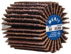 Merit Abrasives - 1" Diam x 1" Face Width, Medium Ceramic Alumina Coated Mounted Flap Wheel - 1/4-20 Threaded Mount, 60 Grit, Cloth Backing, 30,000 Max RPM - Apex Tool & Supply