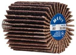 Merit Abrasives - 1" Diam x 1" Face Width, Medium Ceramic Alumina Coated Mounted Flap Wheel - 1/4-20 Threaded Mount, 80 Grit, Cloth Backing, 30,000 Max RPM - Apex Tool & Supply
