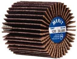 Merit Abrasives - 1" Diam x 1" Face Width, Fine Ceramic Alumina Coated Mounted Flap Wheel - 1/4-20 Threaded Mount, 120 Grit, Cloth Backing, 30,000 Max RPM - Apex Tool & Supply
