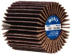 Merit Abrasives - 1" Diam x 1" Face Width, Fine Ceramic Alumina Coated Mounted Flap Wheel - 1/4-20 Threaded Mount, 120 Grit, Cloth Backing, 30,000 Max RPM - Apex Tool & Supply