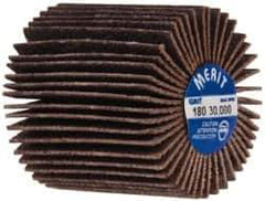 Merit Abrasives - 1" Diam x 1" Face Width, Very Fine Ceramic Alumina Coated Mounted Flap Wheel - 1/4-20 Threaded Mount, 180 Grit, Cloth Backing, 30,000 Max RPM - Apex Tool & Supply