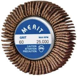 Merit Abrasives - 1-5/8" Diam x 1/2" Face Width, Medium Ceramic Alumina Coated Mounted Flap Wheel - 1/4-20 Threaded Mount, 60 Grit, Cloth Backing, 25,000 Max RPM - Apex Tool & Supply
