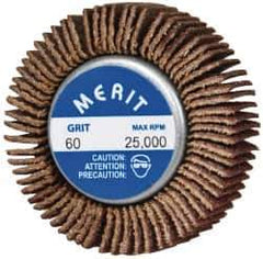 Merit Abrasives - 1-5/8" Diam x 1/2" Face Width, Medium Ceramic Alumina Coated Mounted Flap Wheel - 1/4-20 Threaded Mount, 60 Grit, Cloth Backing, 25,000 Max RPM - Apex Tool & Supply