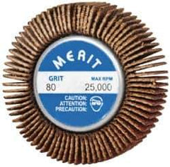 Merit Abrasives - 1-5/8" Diam x 1/2" Face Width, Medium Ceramic Alumina Coated Mounted Flap Wheel - 1/4-20 Threaded Mount, 80 Grit, Cloth Backing, 25,000 Max RPM - Apex Tool & Supply