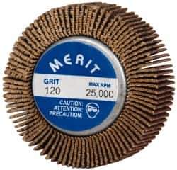 Merit Abrasives - 1-5/8" Diam x 1/2" Face Width, Fine Ceramic Alumina Coated Mounted Flap Wheel - 1/4-20 Threaded Mount, 120 Grit, Cloth Backing, 25,000 Max RPM - Apex Tool & Supply